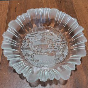 Frosted Crystal Serving Dish Christmas Scene Bowl